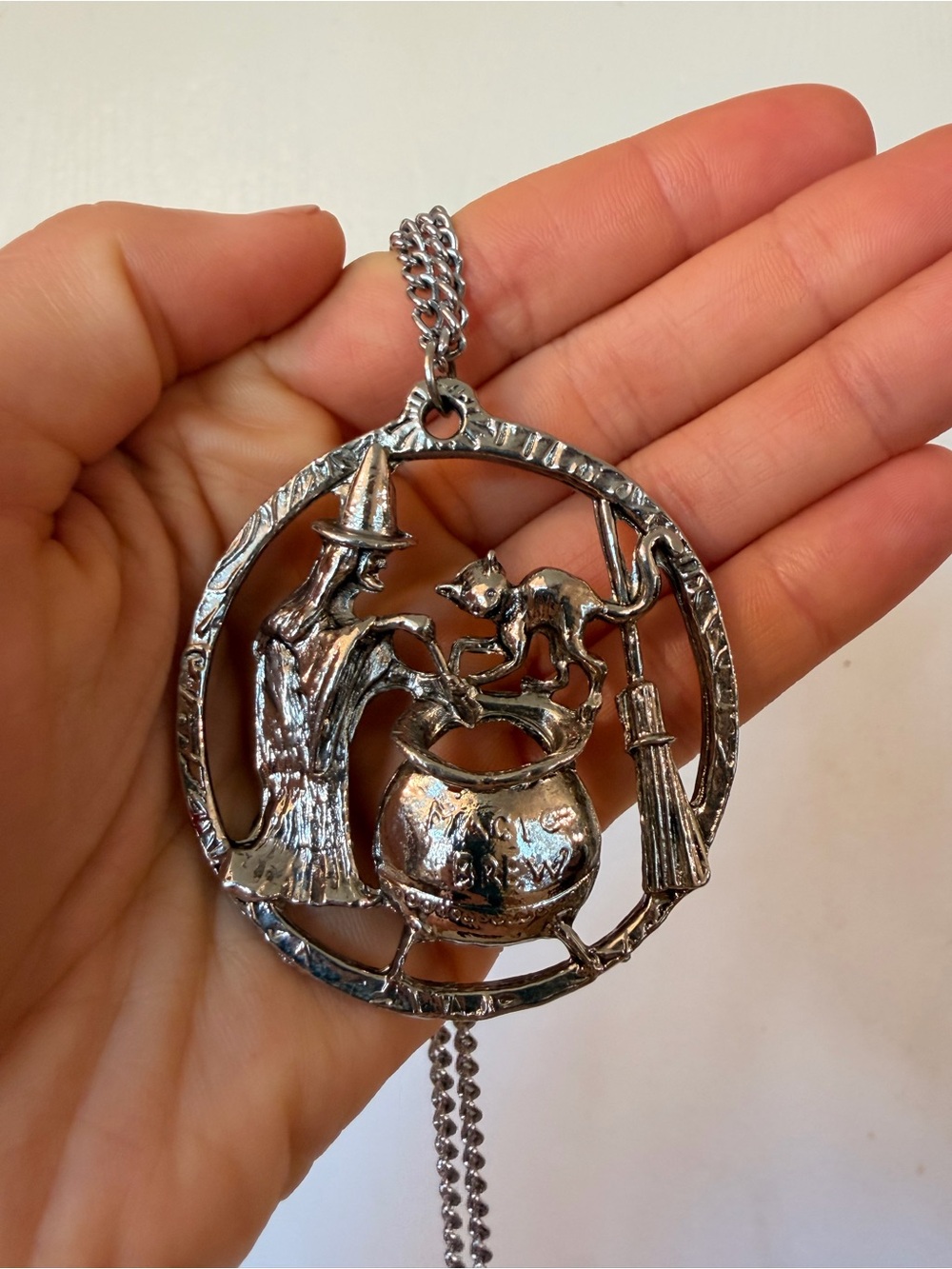 Silver Witch & Cauldron Pendant Necklace - Halloween Jewelry